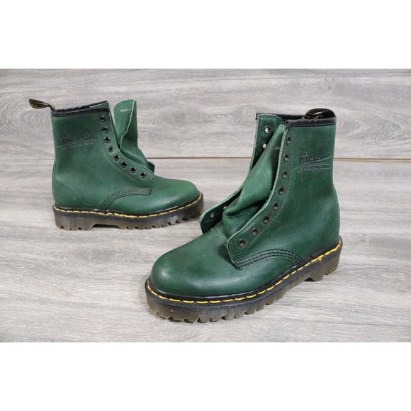 Vintage Dr DOC MARTEN Combat Boots England MIE Green Leather UK 3 US 5 - Picture 1 of 11